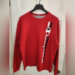 Champion Powerblend Fleece Crewneck Sweatshirt with a vertical logo graphic